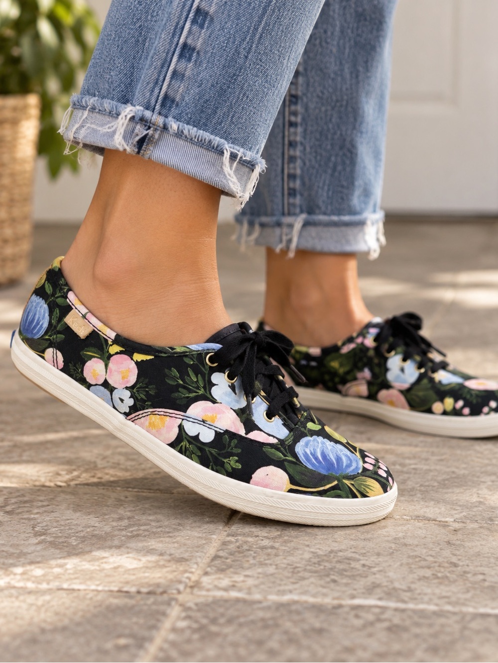Keds Rifle Paper Black Floral Canvas Sneakers with Pink, Blue and Green Accents